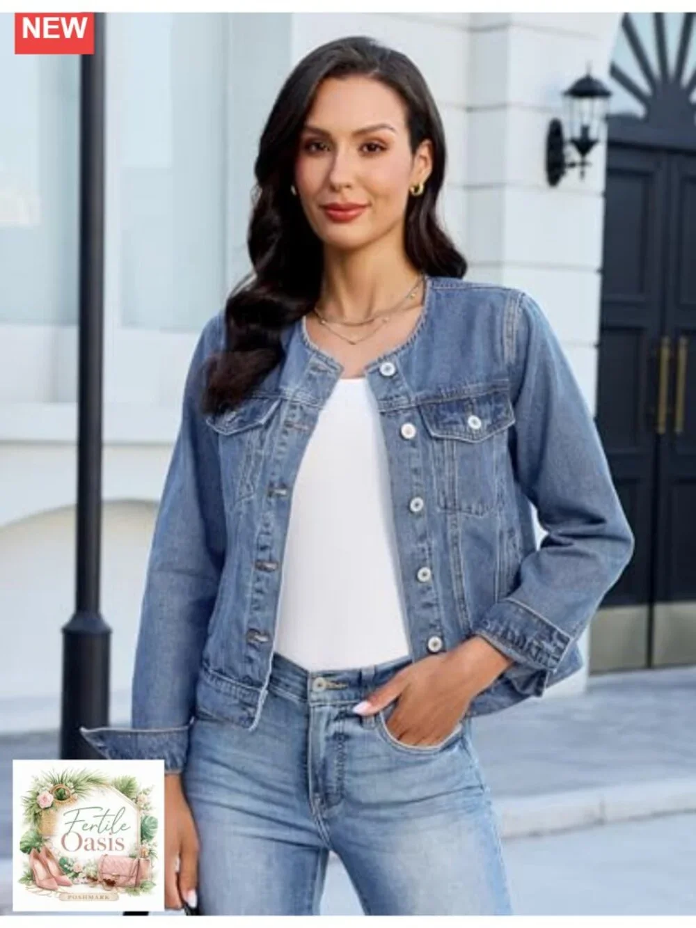 Womens Denim Jacket Collarless Button Down Long Sleeve Casual Country Concert